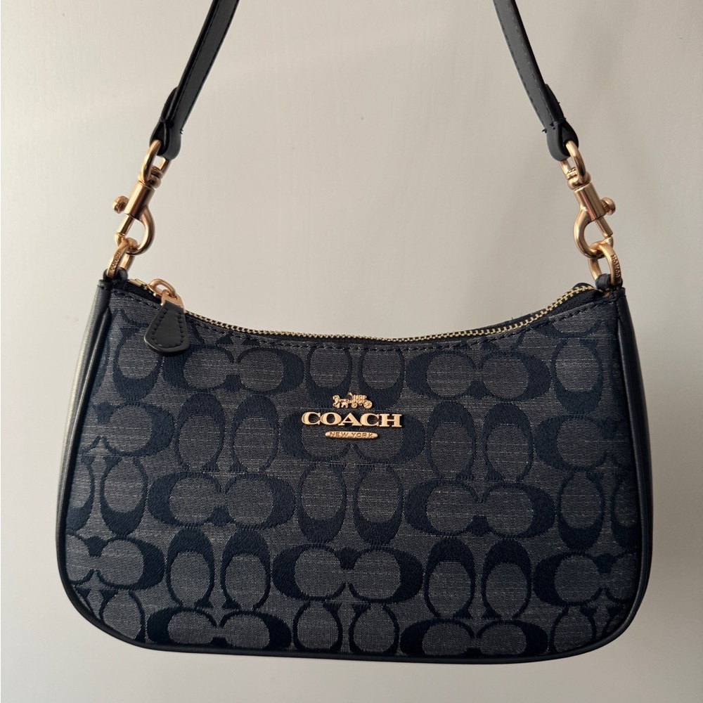 Coach Navy Signature Shoulder Bag with Gold Hardware